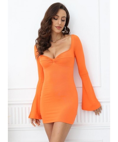 Women's Long Sleeve Ruched Bodycon Dresses Bell Sleeve Sexy Square Neck LowCut Cocktail Club Party Mini Short Dress Orange $1...