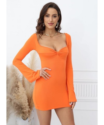 Women's Long Sleeve Ruched Bodycon Dresses Bell Sleeve Sexy Square Neck LowCut Cocktail Club Party Mini Short Dress Orange $1...