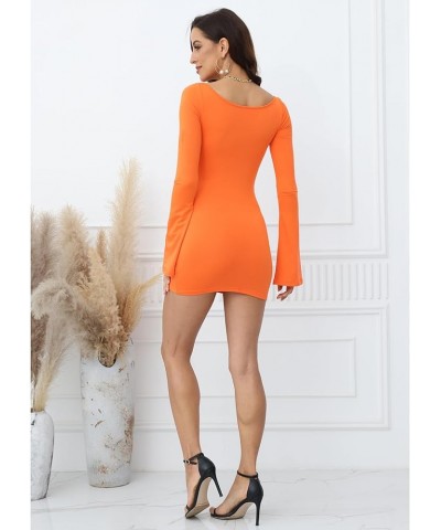 Women's Long Sleeve Ruched Bodycon Dresses Bell Sleeve Sexy Square Neck LowCut Cocktail Club Party Mini Short Dress Orange $1...