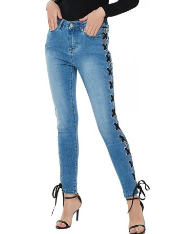 Women's Stylish Lace-Up Side Split Skinny Fit Stretch Ankle Jean Pants Blue-z $20.72 Jeans