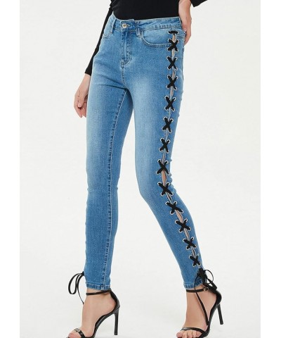 Women's Stylish Lace-Up Side Split Skinny Fit Stretch Ankle Jean Pants Blue-z $20.72 Jeans