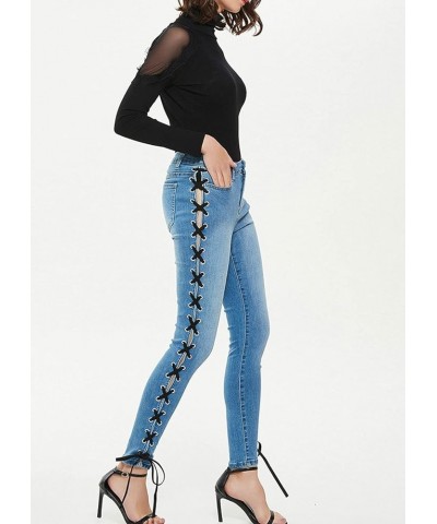 Women's Stylish Lace-Up Side Split Skinny Fit Stretch Ankle Jean Pants Blue-z $20.72 Jeans