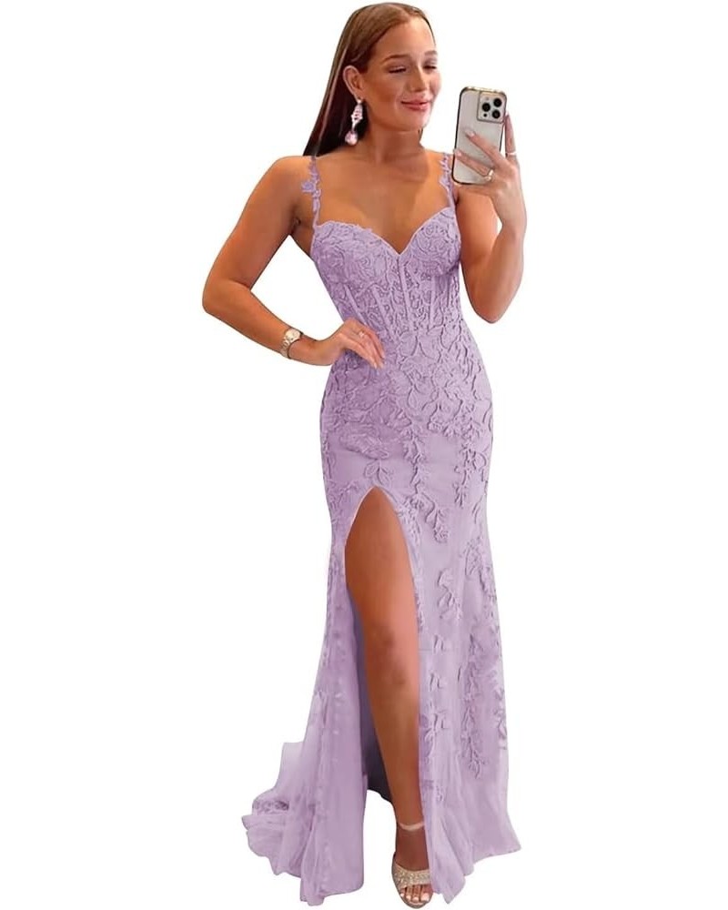 Women's Lace Mermaid Prom Dresses Long with Slit Spaghetti Straps Backless Formal Evening Gowns Wisteria $43.98 Dresses