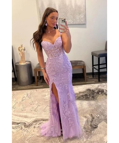 Women's Lace Mermaid Prom Dresses Long with Slit Spaghetti Straps Backless Formal Evening Gowns Wisteria $43.98 Dresses