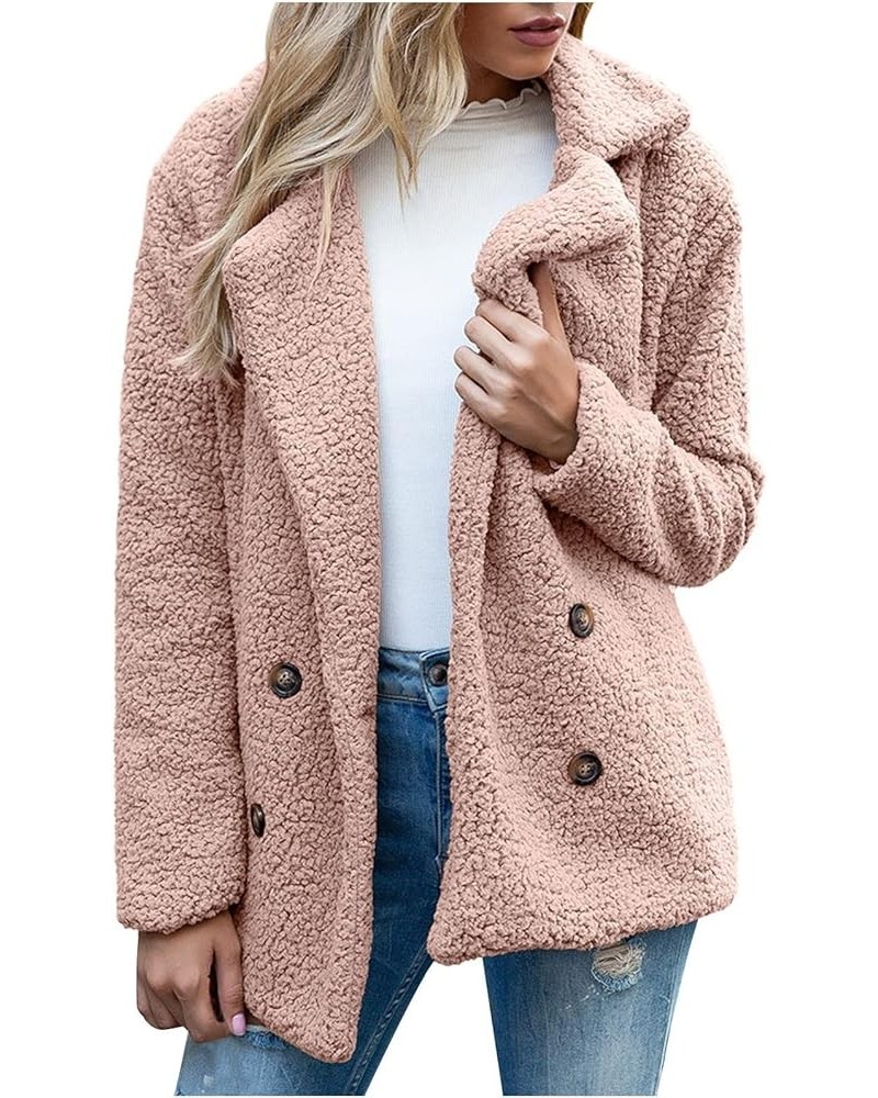 Women's Plus Size Sherpa Jacket Winter Notched Lapel Double Breasted Teddy Coat Casual Loose-fit Outwear With Pockets Pink $1...