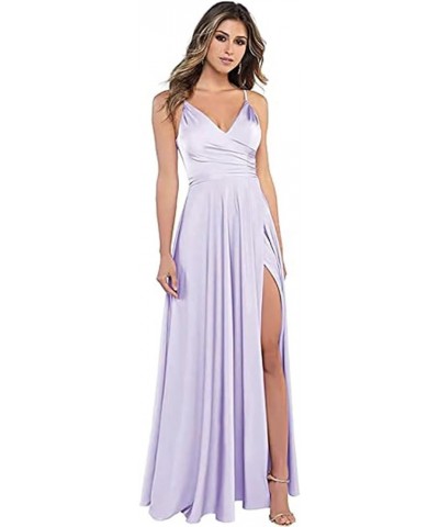 Women's Spaghetti Strap Bridesmaid Dresses with Slit Long A-Line V Neck Satin Formal Evening Party Dress YJY18 Lavender $43.9...