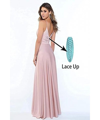 Women's Spaghetti Strap Bridesmaid Dresses with Slit Long A-Line V Neck Satin Formal Evening Party Dress YJY18 Lavender $43.9...