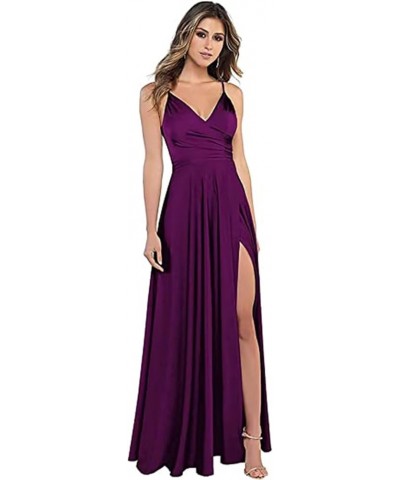 Women's Spaghetti Strap Bridesmaid Dresses with Slit Long A-Line V Neck Satin Formal Evening Party Dress YJY18 Lavender $43.9...