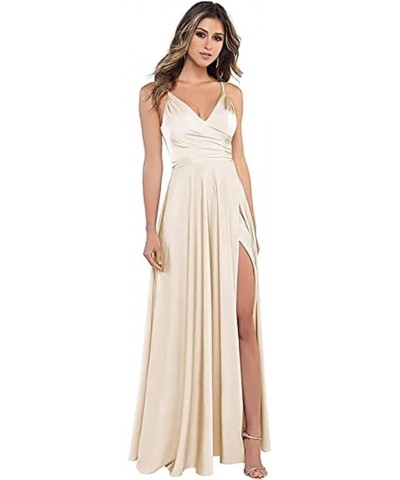 Women's Spaghetti Strap Bridesmaid Dresses with Slit Long A-Line V Neck Satin Formal Evening Party Dress YJY18 Lavender $43.9...