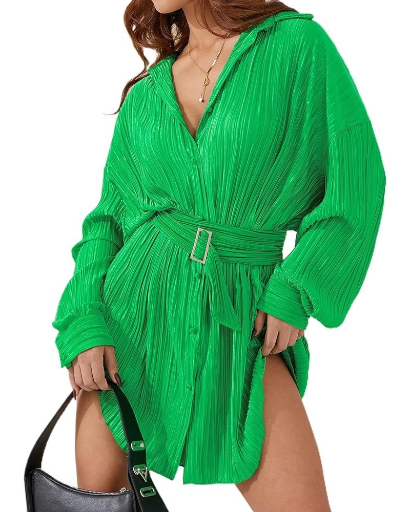 Womens Pleated Long Sleeve Mini Tshirt Dress V Neck Flare Sleeve Belted Short Dress Sexy Tunic Blouse Top Dress A Green Belte...