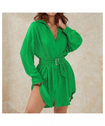 Womens Pleated Long Sleeve Mini Tshirt Dress V Neck Flare Sleeve Belted Short Dress Sexy Tunic Blouse Top Dress A Green Belte...