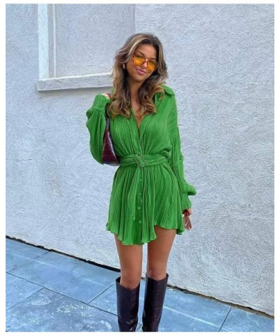 Womens Pleated Long Sleeve Mini Tshirt Dress V Neck Flare Sleeve Belted Short Dress Sexy Tunic Blouse Top Dress A Green Belte...