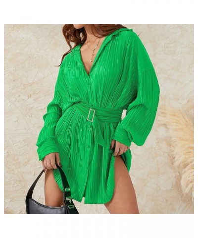 Womens Pleated Long Sleeve Mini Tshirt Dress V Neck Flare Sleeve Belted Short Dress Sexy Tunic Blouse Top Dress A Green Belte...