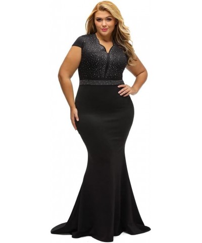 Women's Short Sleeve Rhinestone Plus Size Long Cocktail Evening Dress Black $24.50 Dresses