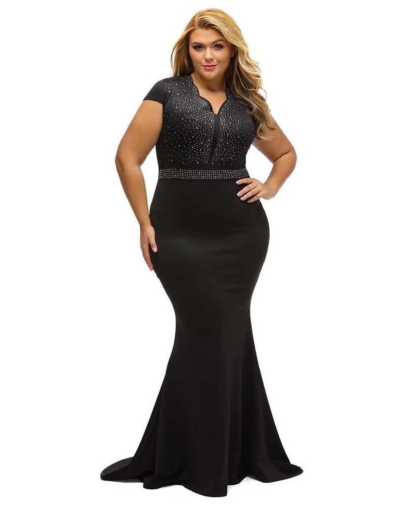 Women's Short Sleeve Rhinestone Plus Size Long Cocktail Evening Dress Black $24.50 Dresses