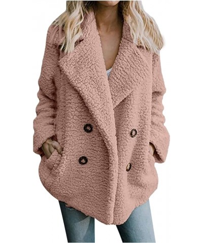 Women's Plus Size Sherpa Jacket Winter Notched Lapel Double Breasted Teddy Coat Casual Loose-fit Outwear With Pockets Pink $1...