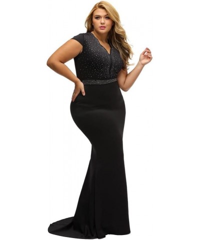 Women's Short Sleeve Rhinestone Plus Size Long Cocktail Evening Dress Black $24.50 Dresses