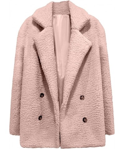 Women's Plus Size Sherpa Jacket Winter Notched Lapel Double Breasted Teddy Coat Casual Loose-fit Outwear With Pockets Pink $1...