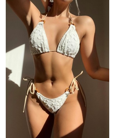 Women's Sexy Bikini Sets Ring Triangle Tie Bathing Suits 2 Piece Swimsuits Beige Textured $18.62 Swimsuits