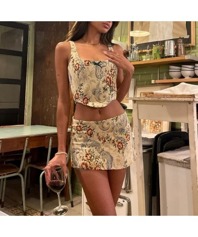 Lace Trim Two Piece Outfit for Women Sleeveless Crop Cami Top Short Mini Skirt Y2k 2 Piece Skirt Sets Beach Wear L-floral $10...