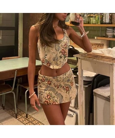 Lace Trim Two Piece Outfit for Women Sleeveless Crop Cami Top Short Mini Skirt Y2k 2 Piece Skirt Sets Beach Wear L-floral $10...