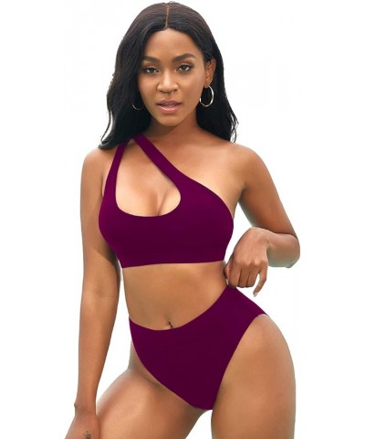 One Shoulder Bikini Women High Waisted Swimsuit High Cut Push Up Padded Bathing Suit Claret Red $19.34 Swimsuits