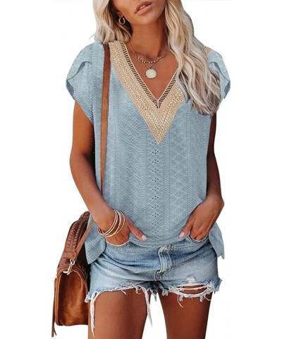 Womens Summer Tops Dressy Cap Sleeve Lace V Neck Hollow Floral Print Casual Loose Fit T-Shirts Blouse Blue $10.38 Tanks