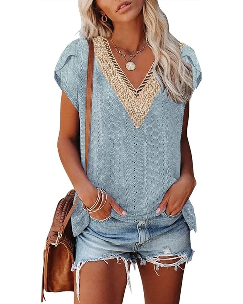 Womens Summer Tops Dressy Cap Sleeve Lace V Neck Hollow Floral Print Casual Loose Fit T-Shirts Blouse Blue $10.38 Tanks