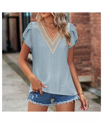 Womens Summer Tops Dressy Cap Sleeve Lace V Neck Hollow Floral Print Casual Loose Fit T-Shirts Blouse Blue $10.38 Tanks