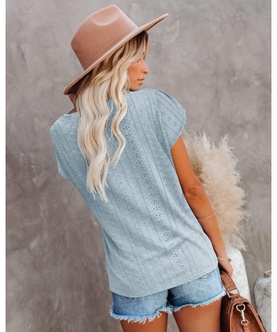 Womens Summer Tops Dressy Cap Sleeve Lace V Neck Hollow Floral Print Casual Loose Fit T-Shirts Blouse Blue $10.38 Tanks