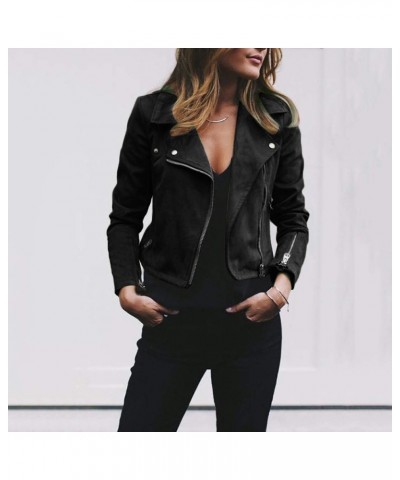 Leather Jackets Full Zip Snap Stand Collar Long Sleeve Outwear Cool Slim Jacket Coat for Vacation Women'S Leather Black-e $18...