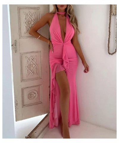 Women Y2K V Neck Maxi Dresses Hollow Out Backless Satin Dress Split Elegant Evening Party Dresses Sexy Clubwear S-rose Red $9...