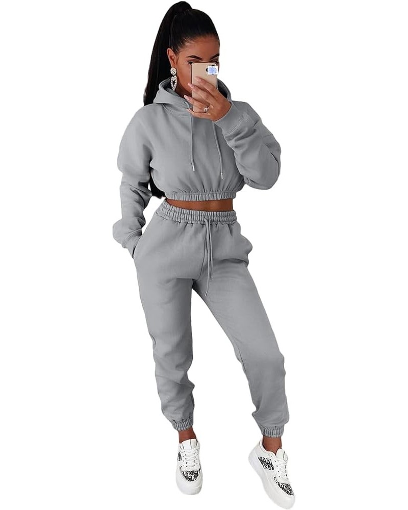 Women 2 Piece Tracksuit Lounge Sets Long Sleeve Crop Hoodie Top + High Waist Drawstring Sweatpants Warm Outfit Set Grey $12.0...