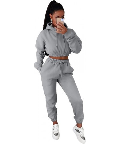 Women 2 Piece Tracksuit Lounge Sets Long Sleeve Crop Hoodie Top + High Waist Drawstring Sweatpants Warm Outfit Set Grey $12.0...