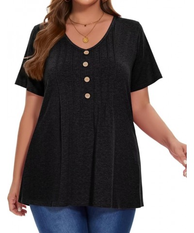 Womens Plus Size Tops Casual Short Sleeve T-Shirts V Neck Pleated Button Trendy Tunic D-black $12.50 Tops