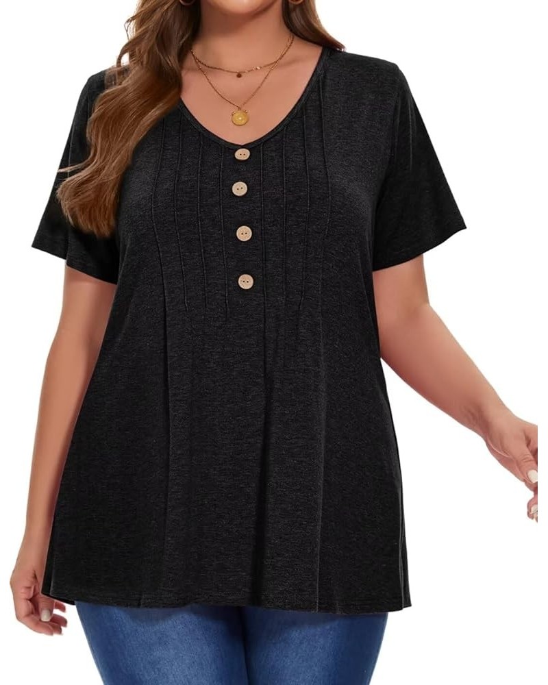 Womens Plus Size Tops Casual Short Sleeve T-Shirts V Neck Pleated Button Trendy Tunic D-black $12.50 Tops