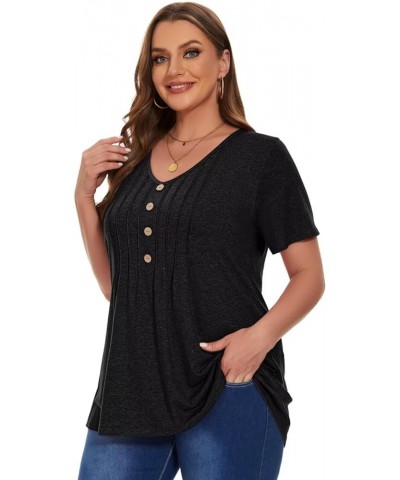 Womens Plus Size Tops Casual Short Sleeve T-Shirts V Neck Pleated Button Trendy Tunic D-black $12.50 Tops