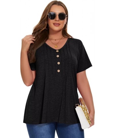 Womens Plus Size Tops Casual Short Sleeve T-Shirts V Neck Pleated Button Trendy Tunic D-black $12.50 Tops