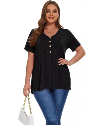 Womens Plus Size Tops Casual Short Sleeve T-Shirts V Neck Pleated Button Trendy Tunic D-black $12.50 Tops