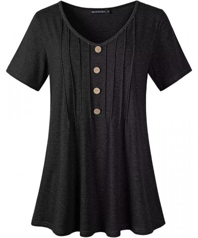 Womens Plus Size Tops Casual Short Sleeve T-Shirts V Neck Pleated Button Trendy Tunic D-black $12.50 Tops