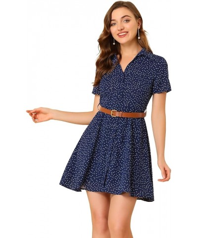 Women's Polka Dots Chiffon with Belt Summer Retro Button Down Shirt Dress Blue $18.52 Dresses