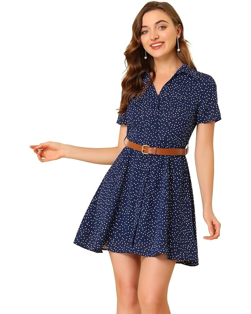 Women's Polka Dots Chiffon with Belt Summer Retro Button Down Shirt Dress Blue $18.52 Dresses