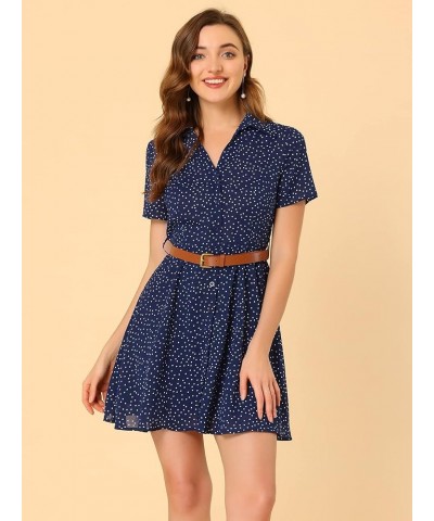 Women's Polka Dots Chiffon with Belt Summer Retro Button Down Shirt Dress Blue $18.52 Dresses