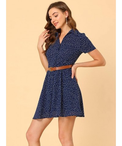 Women's Polka Dots Chiffon with Belt Summer Retro Button Down Shirt Dress Blue $18.52 Dresses