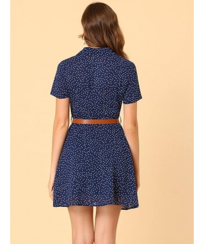 Women's Polka Dots Chiffon with Belt Summer Retro Button Down Shirt Dress Blue $18.52 Dresses