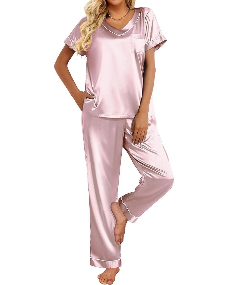 Satin Pajamas for Women Short Sleeve Silk Pajama Sets Soft Sleepwear Top with Causal Long Pj Pant Pink $18.86 Sleep & Lounge