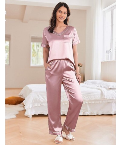 Satin Pajamas for Women Short Sleeve Silk Pajama Sets Soft Sleepwear Top with Causal Long Pj Pant Pink $18.86 Sleep & Lounge