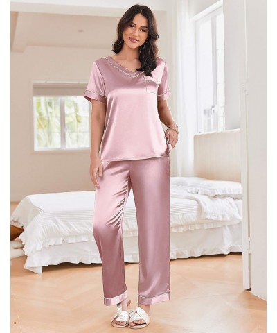 Satin Pajamas for Women Short Sleeve Silk Pajama Sets Soft Sleepwear Top with Causal Long Pj Pant Pink $18.86 Sleep & Lounge