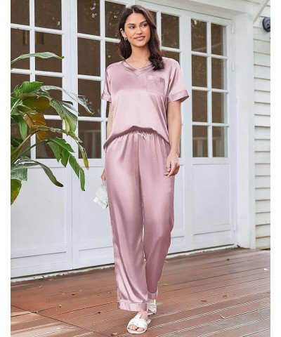 Satin Pajamas for Women Short Sleeve Silk Pajama Sets Soft Sleepwear Top with Causal Long Pj Pant Pink $18.86 Sleep & Lounge