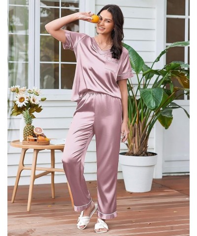 Satin Pajamas for Women Short Sleeve Silk Pajama Sets Soft Sleepwear Top with Causal Long Pj Pant Pink $18.86 Sleep & Lounge